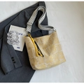 Yellow striped canvas tote bag with checkered strap and woven tassel accessory - Yellow