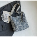 Blue and white striped canvas tote bag with a wide adjustable patterned shoulder strap - Blue