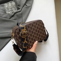 Brown square crossbody bag with all-over M-letter print and wide jacquard strap - Brown