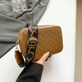 Retro brown monogram camera bag with wide jacquard strap and dual gold zippers - Brown