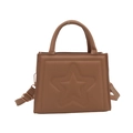 Brown star embossed crossbody handbag with golden hardware and top handle on white background - Khaki