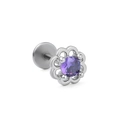 Silver flower labret stud with a purple round zircon stone and flat back base - Purple Flower Shape Style (CD00834) / Silver