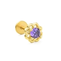 Golden flower labret stud with purple round zirconia and flat back piercing design - Purple Flower Shape Style (CD00834) / Gold