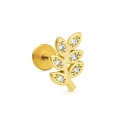 Golden leaf-shaped labret stud with inlaid crystals and flat back piercing structure - Leaf Cluster Style (CD01000) / Gold