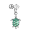 Silver sea turtle stud earring featuring vibrant green crystals and a clear round stone - Silver Turtle Style (EGD1131白K)