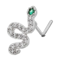 L-shaped silver nose stud featuring a snake design with white zircon and green eyes - Green-eyed Snake (BD00188) / Silver