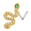 Snake nose stud in 18K gold plated copper with white cubic zirconia and green gem - Green-eyed Snake (BD00188) / Gold