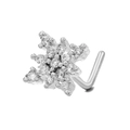 Elegant snowflake nose stud in silver finish with sparkling zircons and L-shape pin - Snowflake Style (BD00398) / Silver