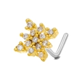 L-shaped gold nose stud featuring an intricate snowflake design with white zircons - Snowflake Style (BD00398) / Gold