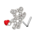 L-shaped nose stud with zircon bear and red heart pendant in golden finish - Bear with Heart (BD00567) / Silver