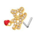 L-shaped gold bear nose stud with sparkling cubic zirconia and a red heart charm - Bear with Heart (BD00567) / Gold