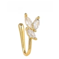 Macro detail of gold U-shaped non-piercing nose ring with marquise-cut zircon stones - Triple Stone Style (EGJ0253 Gold)