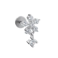 Silver flower piercing stud with clear zircon petals and a small round dangle charm - Flower Pendant Style (CD00905 White K)