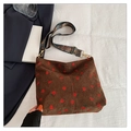 Brown corduroy bucket bag with red strawberry print and wide jacquard strap - Brown