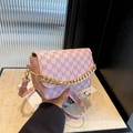Pink monogram shoulder bag with stylish gold chain and adjustable wide strap - Pink