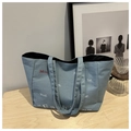 Blue denim tote bag with red and white fashion print and large capacity design - Light Blue