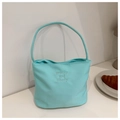 Detail of light blue bucket bag with pretty and libety embroidery and single handle - Lake Blue