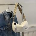 Minimalist white half-moon canvas Boston bag with patterned wide strap and knot detail - White & Khaki