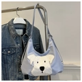 Detail of light blue crossbody tote bag with a cute white plush puppy embroidery patch - Blue