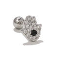 Hamsa hand screw back ear stud with clear pavé zircons and a black center stone - Black Rhinestone Hand of Fatima (EGD0610 White Gold Tone)