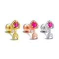 Detailed macro view of heart-shaped ear studs with red gemstones in gold and silver finishes - Heart Arrow Style (EGD1847)