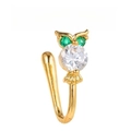 Golden owl non-pierced nose ring featuring green zircon eyes and clear crystal body - Owl Style (EGJ0159) / Gold