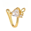 Gold U-shaped non-piercing nose cuff with heart zircon and butterfly design - Heart and Butterfly (EGJ0178) / Single Piece / Gold