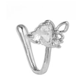 Silver non-pierced U-shaped nose ring with heart-shaped cubic zirconia and butterfly wing - Heart and Butterfly (EGJ0178) / Single Piece / Silver