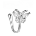 Silver butterfly U-shaped nose clip with sparkling zircons for non-pierced wear - Butterfly (EGJ0227) / Single Piece / Silver