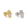 Detailed close-up of gold and silver Hamsa Hand labret studs with pavé cubic zirconia - Hamsa Hand Screw Back Style (EGD2961) / Gold