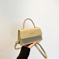 Petit sac carré beige texture litchi avec poignée et logo FASHION tenu à la main - Kaki