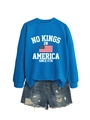 Detail of blue crewneck sweatshirt with 1776 print and distressed denim shorts - Lake Blue (White Letters Graphic)