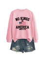 Detail of pink sweatshirt with No Kings in America print and American flag logo - Pink (Black Graphics)