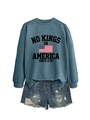 Detail of the blue-grey sweatshirt with No Kings In America print and flag design - Blue (Black Graphics)