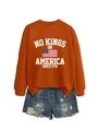 Retro style orange sweatshirt with No Kings in America print and distressed denim shorts - Burnt Orange (White Graphics)