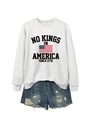 Close-up of gray crewneck sweatshirt with No Kings In America text and ripped denim shorts - Off-White (Black Print)