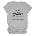 Detail of grey crewneck t-shirt featuring a salted butter wrapper graphic and rolled sleeves - Light Gray (Black Font)