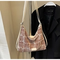 Detail of striped canvas tote with brown geometric patterns and FASHION leather tag - Burgundy