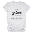 Close-up of white cotton T-shirt featuring retro Salted Butter graphic and cutting scale - White (Black Font)