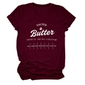 Detailed view of maroon t-shirt with salted butter label print and measurement scale - Wine Red (White Font)