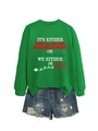 Détail du sweat-shirt vert vif avec slogan et short en jean bleu à effet usé - S / Sweat-shirt vert herbe (motif blanc)