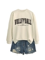 Flat lay of cream Volleyball Mama sweatshirt paired with distressed denim shorts - Sand Sweatshirt (Black Font)