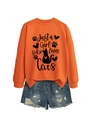 Detail of orange sweatshirt with Just a Girl Who Loves Cats print and ripped denim shorts - Orange (Black Font)