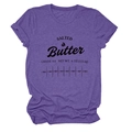 Detail of purple heather fabric T-shirt featuring salted butter graphic and measurement scale - Purple (Black Text)