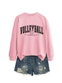 Detailed flat lay of pink volleyball mama sweatshirt with distressed denim shorts - Pink Sweatshirt (Black Font)