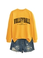 Bright yellow Volleyball Mama sweatshirt paired with distressed blue denim shorts set - Yellow Sweatshirt (Black Font)