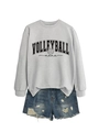 Close-up of the grey cotton sweatshirt featuring black Volleyball Mama graphic and blue denim shorts - Grey Sweatshirt (Black Font)