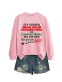 Piatto di felpa rosa con stampa natalizia umoristica e pantaloncini di jeans invecchiati - Felpa rosa (motivo testo nero)