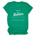 Detail of green cotton T-shirt featuring Salted Butter graphic and measurement markings - Dark Green (White Font)