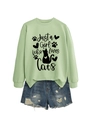 Detail of light green cat lover sweatshirt with Just a Girl Who Loves Cats print - Olive Green (Black Font)
